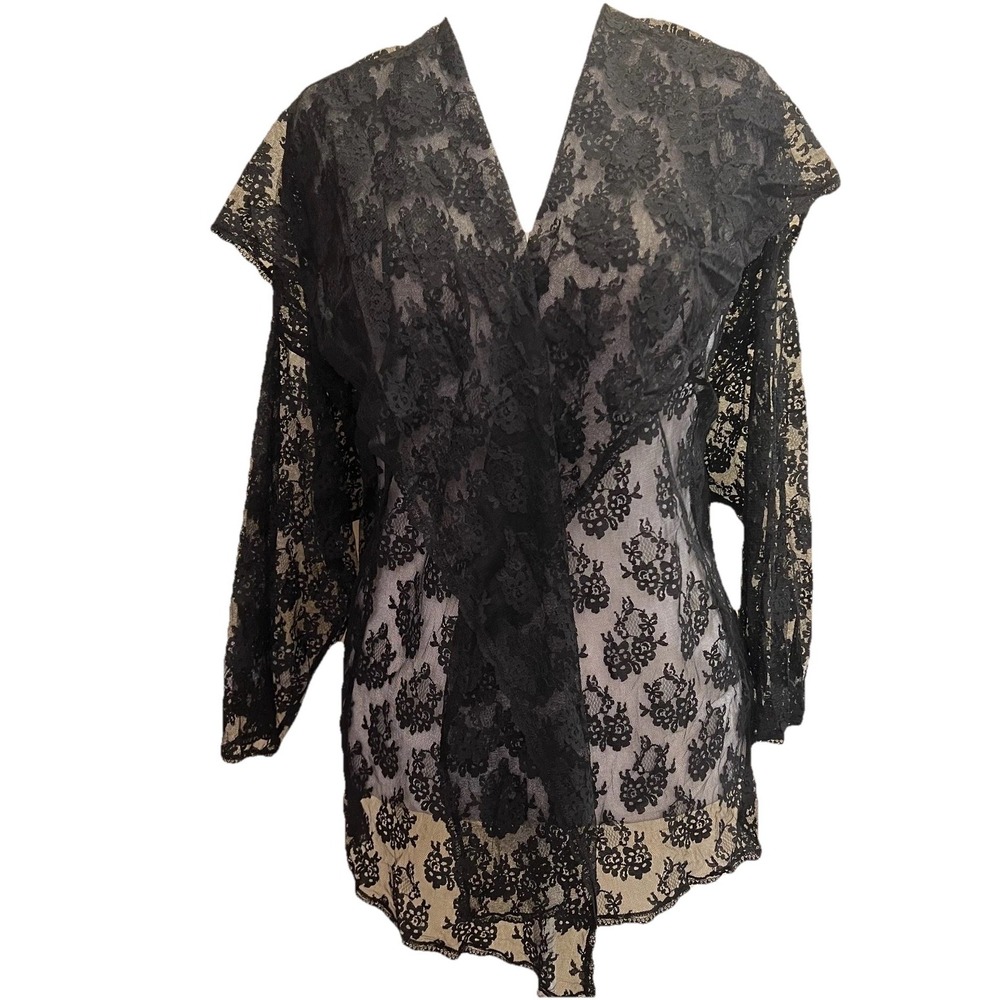 Black Lace Sheer Duster Cardigan XL Vtg‎ Collar Witchy Whimsigoth Fairy Romantic